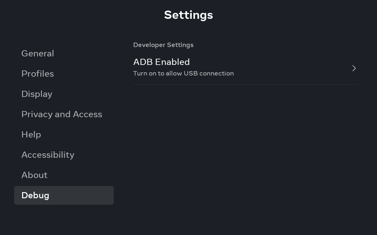 The Portal's Settings → Debug screen with ADB Enabled turned on