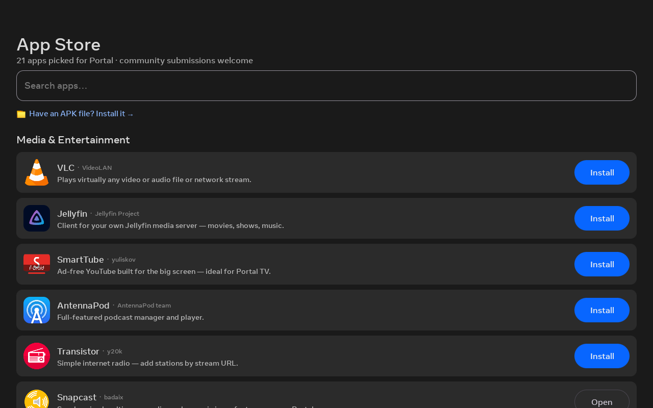 The on-device App Store showing the Media & Entertainment category with install buttons