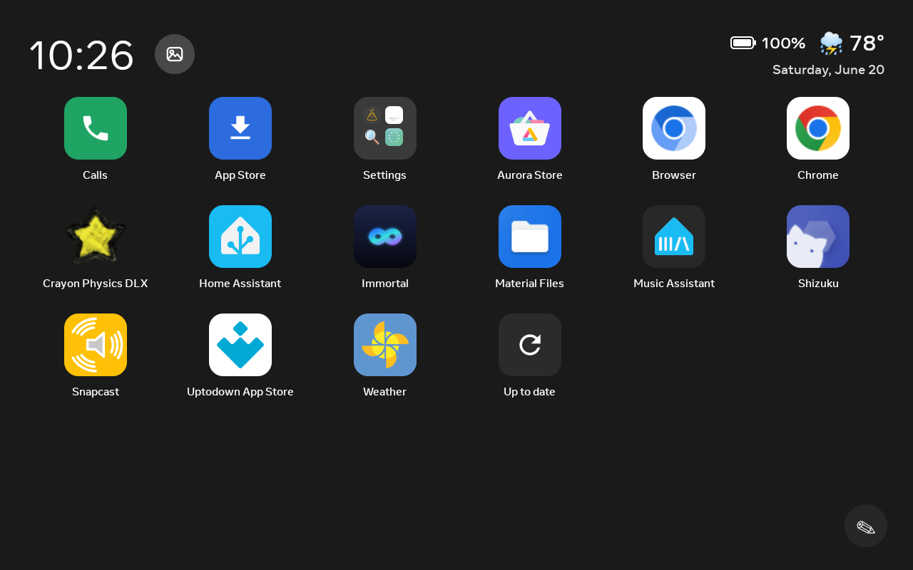 The Immortal home screen — a fullscreen app grid with a clock, date, and weather header